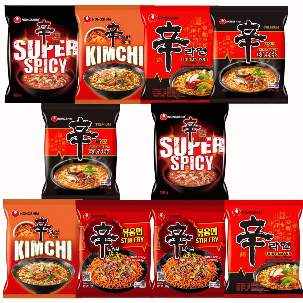 Nongshim SHIN Ramyun Korean Ultimate Spicy Ramen Bundle - Original, Red, Black, Kimchi & Stir Fry Noodles (Shin x 2, Red x 2, Kimchi x 2, Black x 2, Stir Fry x 2)