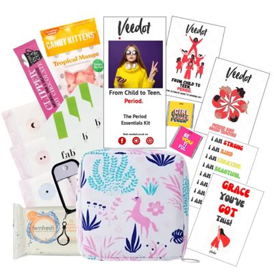 Veedot Period Essentials Gift Box | First Period Kit for Girls | Period Tracker | Growing up Guide | Personalised | Organic (White Unicorn)