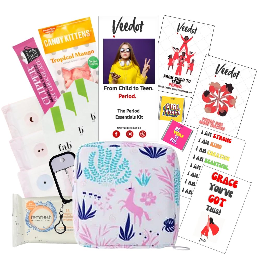 Veedot Period Essentials Gift Box | First Period Kit for Girls | Period Tracker | Growing up Guide | Personalised | Organic (White Unicorn)