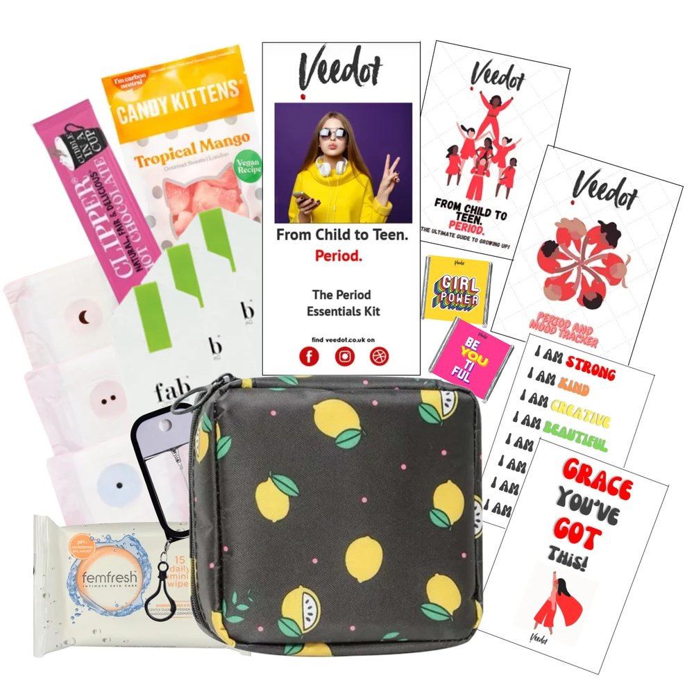 Veedot Period Essentials Gift Box | First Period Kit for Girls | Period Tracker | Growing up Guide | Personalised | Organic (Black Lemon)