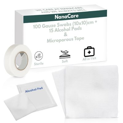 100pc Sterile 10x10cm Non-Stick Gauze Pads with Adhesive Medical Tape & 15 Alcohol Wipes Hypoallergenic Highly Absorbent Non-Adherent Dressing Sponges for Effective Wound Care and First Aid Supplies