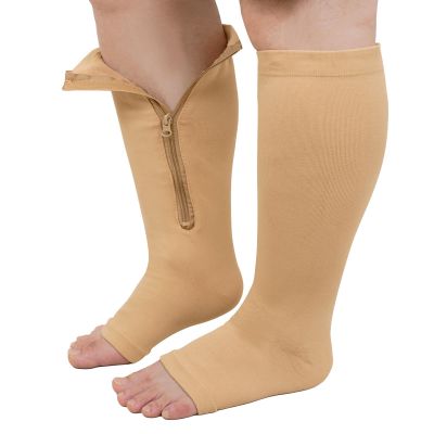 PUTUO Plus Size Compression Socks: Wide Calf Zip Flight Sock Women Men Extra Large Graduated Open Toe Support Stockings for Travel Beige 3XL 1Pairs
