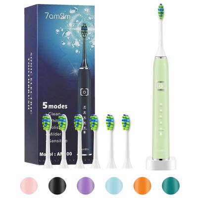 7AM2M Sonic Electric Toothbrush with 6 Brush Heads for Adults and Kids, One Charge for 90 Days, Wireless Fast Charge, 5 Modes with 2 Minutes Build in Smart Timer, Electric Toothbrushes(Light Green)