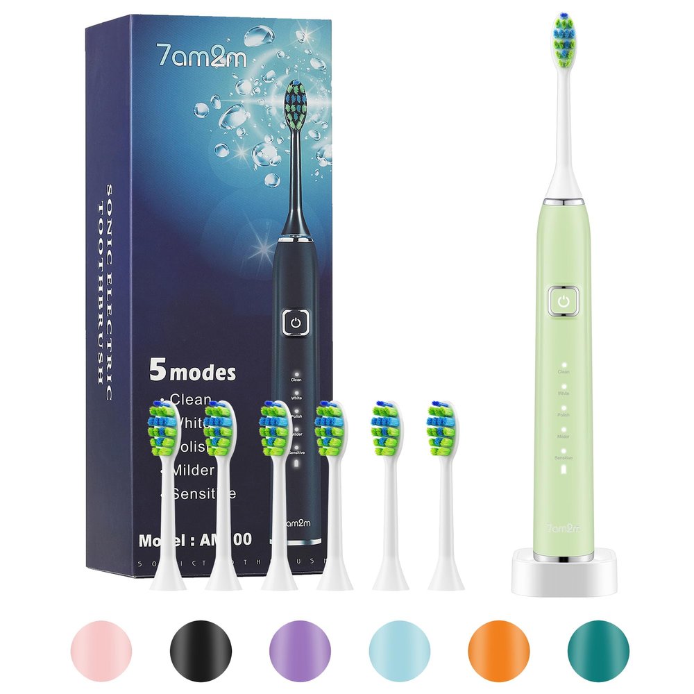 7AM2M Sonic Electric Toothbrush with 6 Brush Heads for Adults and Kids, One Charge for 90 Days, Wireless Fast Charge, 5 Modes with 2 Minutes Build in Smart Timer, Electric Toothbrushes(Light Green)