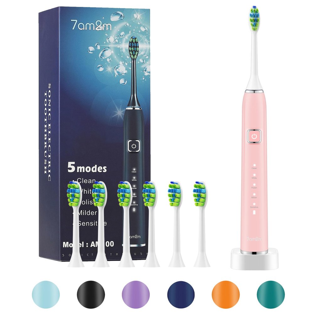 7AM2M Sonic Electric Toothbrush with 6 Brush Heads for Adults and Kids, One Charge for 90 Days, Wireless Fast Charge, 5 Modes with 2 Minutes Built in Smart Timer, Electric Toothbrushes (Pale Pink)