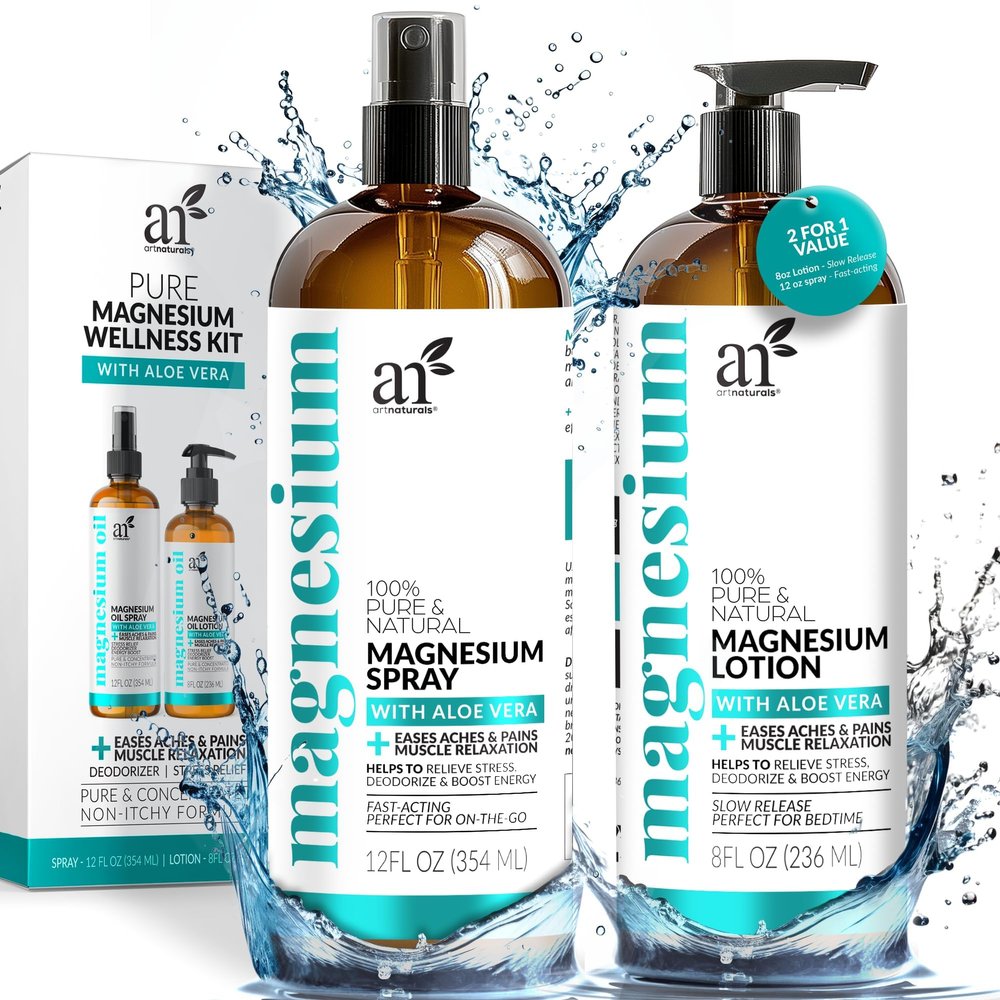 ArtNaturals Magnesium Oil Spray 340g + Body Lotion Set 227g - Extra Strength Ultra-Pure Soothing Relief & Relaxation for Better Sleep, Muscle Health Leg & Joint Care W/a Less Itch, Non-Greasy Formula