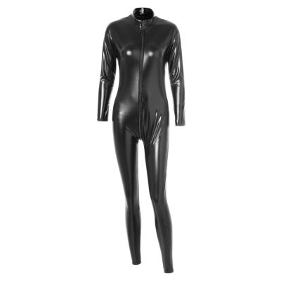 SDGHH-8MMDM Latex Catsuit Faux Leather Women Jumpsuits Black Wet Look PVC Bodysuit Lady Lingerie Bodysuit Clubwear Costume,Black,S