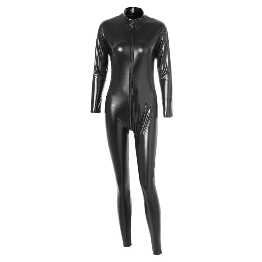 SDGHH-8MMDM Latex Catsuit Faux Leather Women Jumpsuits Black Wet Look PVC Bodysuit Lady Lingerie Bodysuit Clubwear Costume,Black,S