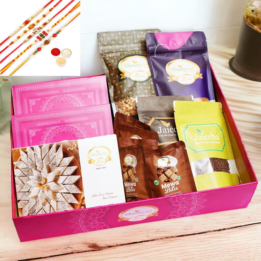 Ghasitaram Gifts Jaiccha Rakhi Gifts for Brothers-Big Hamper Basket of 12 Best Goodies with 5 rakhis