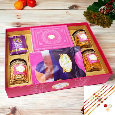 Ghasitaram Gifts Jaiccha Rakhi Gifts for Brothers-Big Hamper Tray of Suagrfree Kaju Katlis, Beetroot Chips, Sugarfree Bites, Wheat Puffs, Moong Chakli, Roasted Chiwda with 5 rakhis