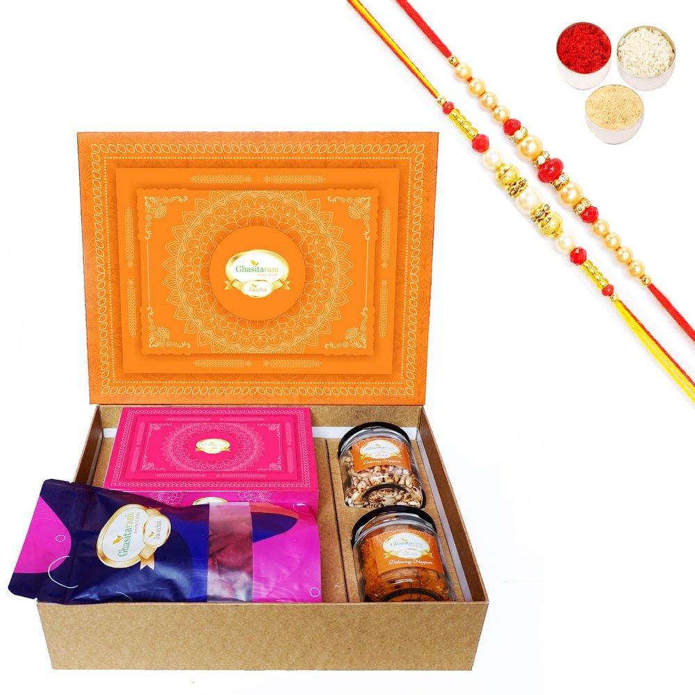 Ghasitaram Gifts Jaiccha Rakhi Gifts for Brothers-Orange Hamper Box with Sugarfree Kaju Katli, Beetroot Chips, Wheat Puffs and Moong Chakli with 2 Rakhis