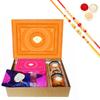 Ghasitaram Gifts Jaiccha Rakhi Gifts for Brothers-Orange Hamper Box with Sugarfree Kaju Katli, Beetroot Chips, Wheat Puffs and Moong Chakli with 2 Rakhis view 1