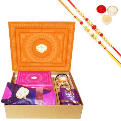 Ghasitaram Gifts Jaiccha Rakhi Gifts for Brothers-Orange Hamper Box with Sugarfree Kaju Katli, Beetroot Chips, Wheat Puffs and Sugafree Bites with 2 Rakhis