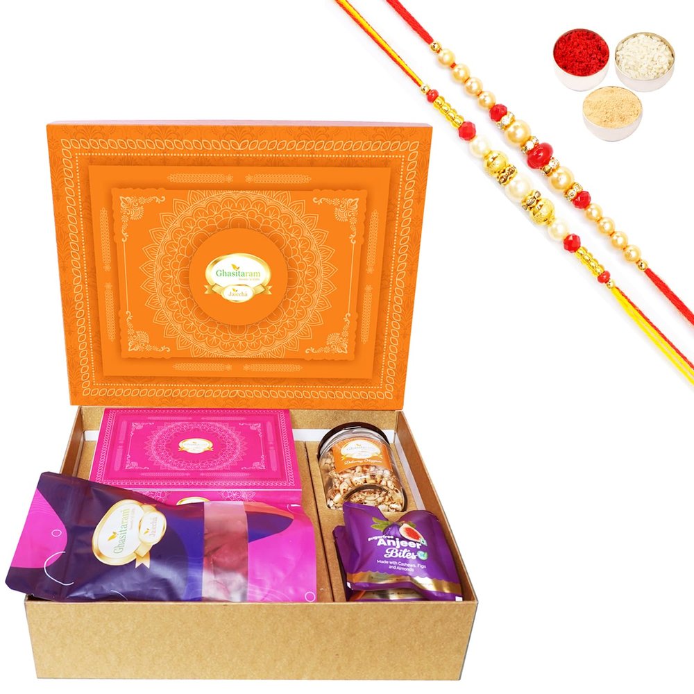 Ghasitaram Gifts Jaiccha Rakhi Gifts for Brothers-Orange Hamper Box with Sugarfree Kaju Katli, Beetroot Chips, Wheat Puffs and Sugafree Bites with 2 Rakhis