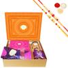 Ghasitaram Gifts Jaiccha Rakhi Gifts for Brothers-Orange Hamper Box with Sugarfree Kaju Katli, Beetroot Chips, Wheat Puffs and Sugafree Bites with 2 Rakhis view 1