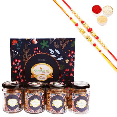 Ghasitaram Gifts Jaiccha Rakhi Gifts for Brothers-Hamper Box with Nuts and Namkeen Jars with 2 Rakhis