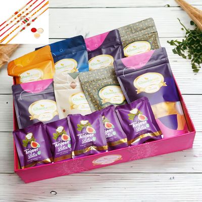 Ghasitaram Gifts Jaiccha Rakhi Gifts for Brothers-Big Hamper Basket of 8 Roasted Namkeens and Sugarfree Bites with 5 rakhis