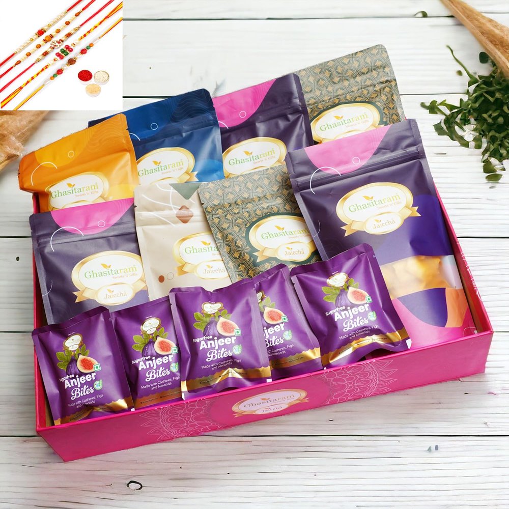 Ghasitaram Gifts Jaiccha Rakhi Gifts for Brothers-Big Hamper Basket of 8 Roasted Namkeens and Sugarfree Bites with 5 rakhis