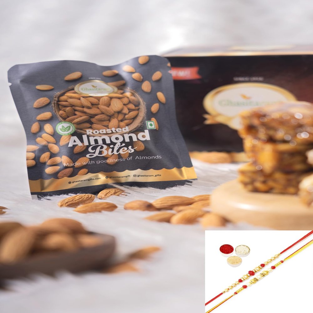 Ghasitaram Gifts Jaiccha Rakhi Gifts for Brothers Roasted Almond Bites Pouches Pack of 5
