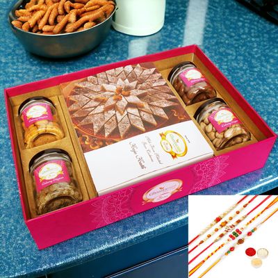 Ghasitaram Gifts Jaiccha Rakhi Gifts for Brothers-Big Hamper Tray of Kaju Katlis, Crunchy Cashew, Flavour Raisins, Choco Almonds, and Pistachios with 5 rakhis