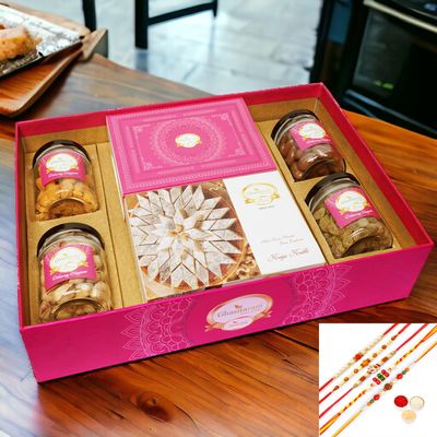 Ghasitaram Gifts Jaiccha Rakhi Gifts for Brothers-Big Hamper Tray of Kaju Katlis, Milk Cake, Crunchy Cashew, Flavour Raisins, Choco Almonds, and Pistachios with 5 rakhis