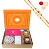 Ghasitaram Gifts Jaiccha Rakhi Gifts for Brothers-Orange Hamper Box with Kaju Katli, Milk Cake, Choco Coated Almonds and Crunchy Cashews with 2 Rakhis view 1