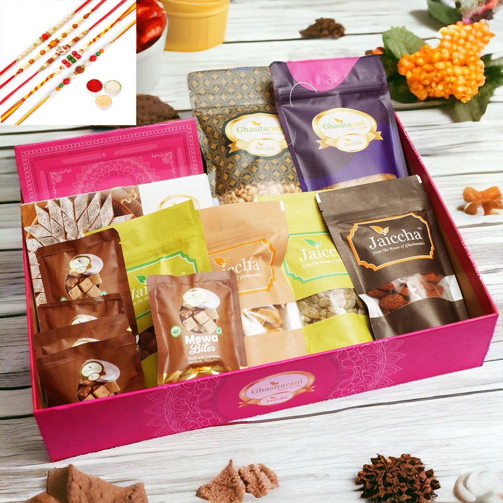 Ghasitaram Gifts Jaiccha Rakhi Gifts for Brothers-Big Hamper Basket of 13 Goodies with 5 rakhis