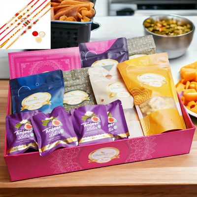 Ghasitaram Gifts Jaiccha Rakhi Gifts for Brothers-Big Hamper Basket of 12 Healthy Goodies with Sugarfree Kaju Katlis with 5 rakhis