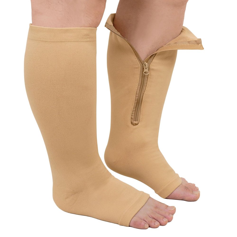ZFSOCK Plus Size Compression Socks: Wide Calf Graduated Pressure Support Stockings Men Women Open Toe Toeless Zipper Extra Large Flight Socks for Swollen Legs Travel 1 Pair Beige 3XL