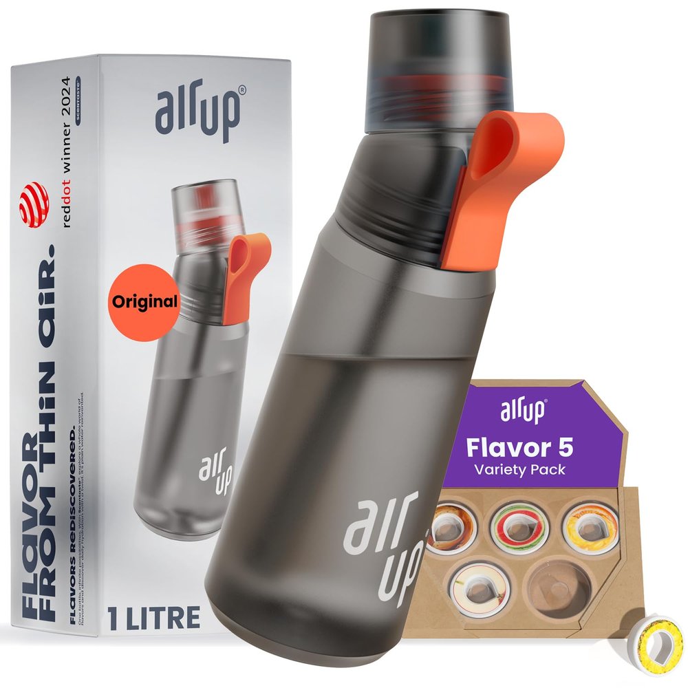 AIR UP water bottle Gen2 original starter set with pods in 5 flavours I 1l drinking bottle with sugar-free flavouring I Leak-proof, dishwasher-safe, BPA-free I Colour grey
