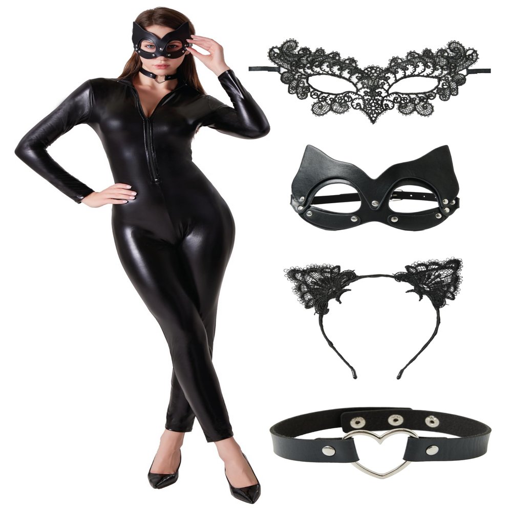 Maxim Party Supplies Leather Catsuit Costume Bodysuit for Women 5 Piece Latex Jumpsuit include 2 Masks, Choker, and Cat Ears (S/M)