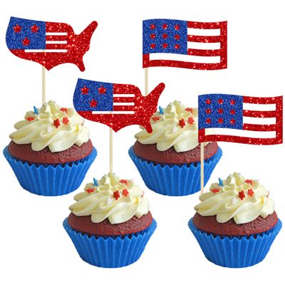 Gyufise 24Pcs American Flag Cupcake Toppers Glitter USA Map Patriotic 4th of July Independence Day Cupcake Picks for USA Patriotic American National Day Theme Birthday Party Decorations Supplies