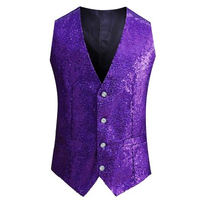 Rrongwn Sequin Vest Men's Suit Vest Slim Fit Lightweight Vest Winter Sleeveless Vest Outdoor Men's Vests Sporty Elegant Lightweight Glitter Suit Vest V-Neck Blazer Vest Party Clubwear Vest, purple, M
