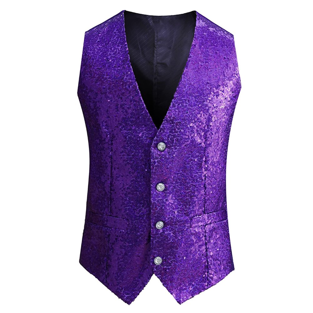 Rrongwn Sequin Vest Men's Suit Vest Slim Fit Lightweight Vest Winter Sleeveless Vest Outdoor Men's Vests Sporty Elegant Lightweight Glitter Suit Vest V-Neck Blazer Vest Party Clubwear Vest, purple, M