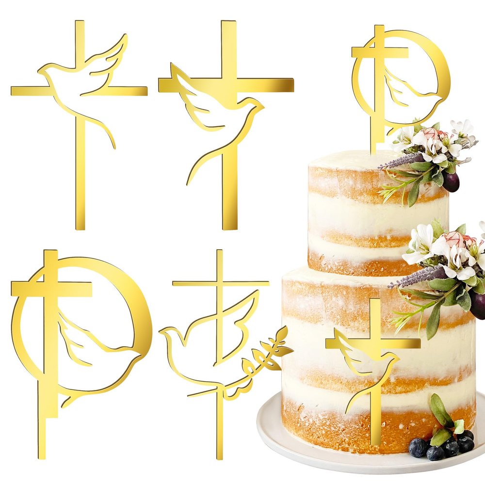 8pcs Baptism Cake Toppers Acrylic Gold Dove Cross Cupcake Toppers Baptism First Communion Cake Decorations Supplies for Baby Shower Birthday Wedding Party Christian Decorations