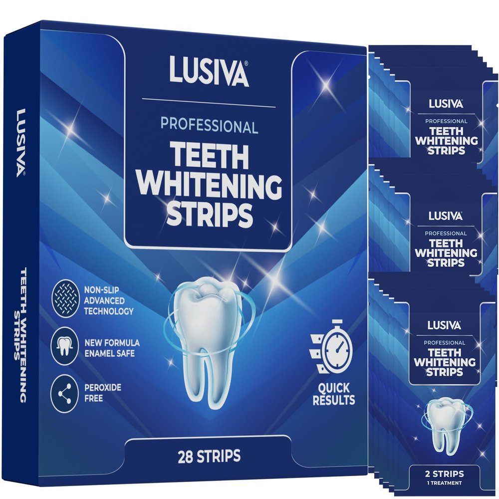 LUSIVA Professional Teeth Whitening Strips 14 Treatments | Enamel Safe Whitener, Non-Sensitive Formula | Dentist Approved, Quick & Visible Whitening Results | Pack of 28 Strips + Mouth Opener Included