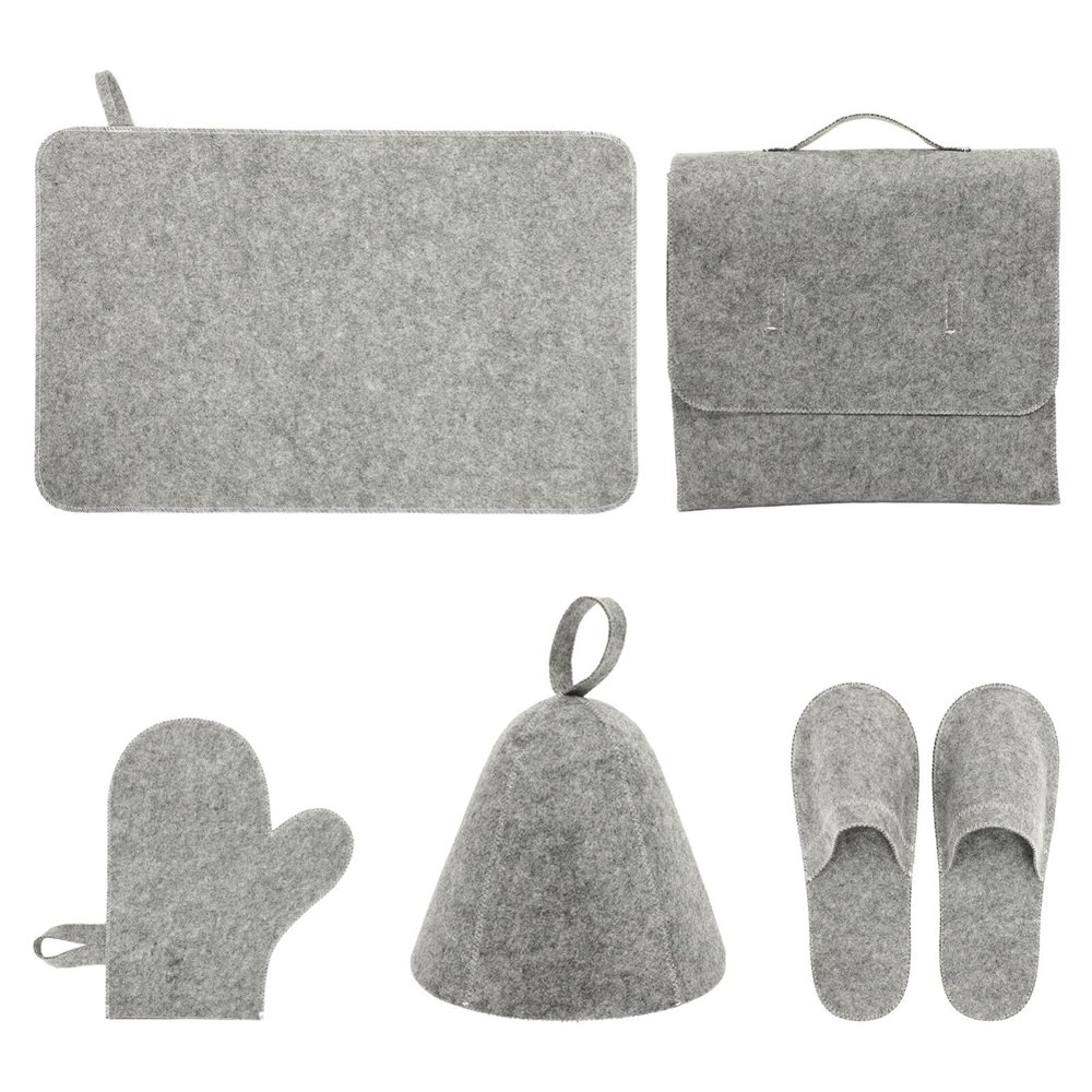 NOLITOY Sauna Felt Set 5pcs Sauna Hat Felt Sauna Pad Mat Gloves Felt Slipper and Storage Bag for Men Women Bath Sauna Accessories Grey