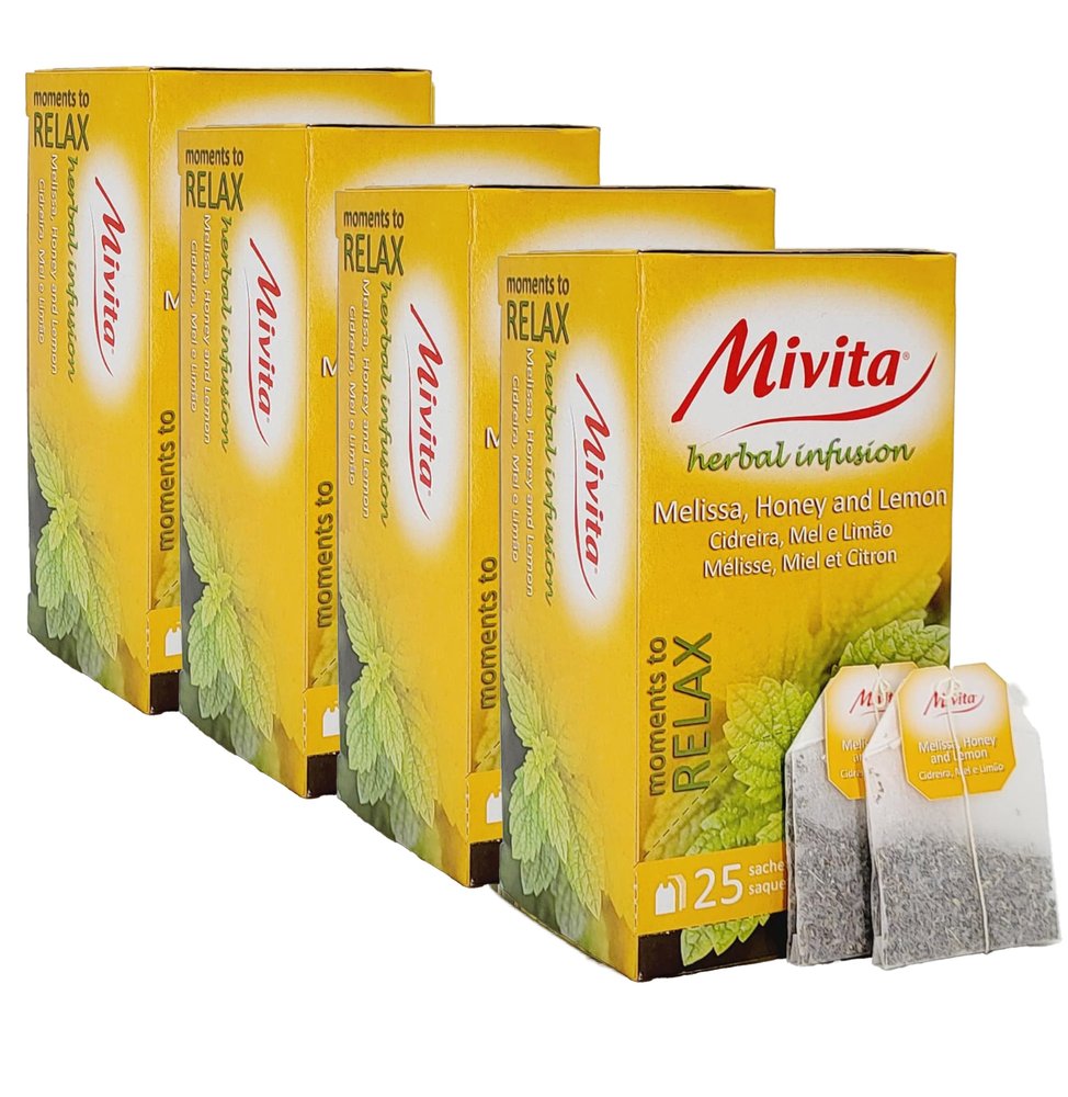 Mivita Melissa, Honey and Lemon Infusion, pack of 4, total of 100 tea bags (25 each unit)  Sweet and soothing, perfect for relaxation, naturally calorie-free (0 kcal)