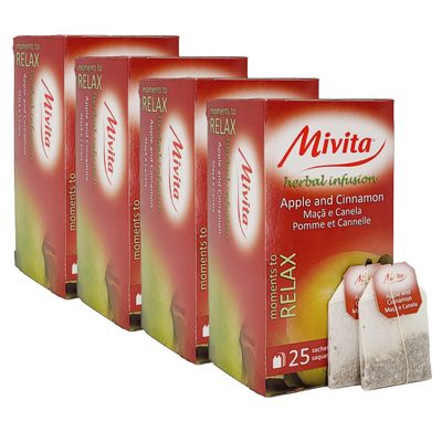 Mivita Apple and Cinnamon Infusion, pack of 4, total of 100 tea bags (25 each unit)  Perfect for relaxation and a healthy lifestyle, naturally calorie-free (0 kcal)