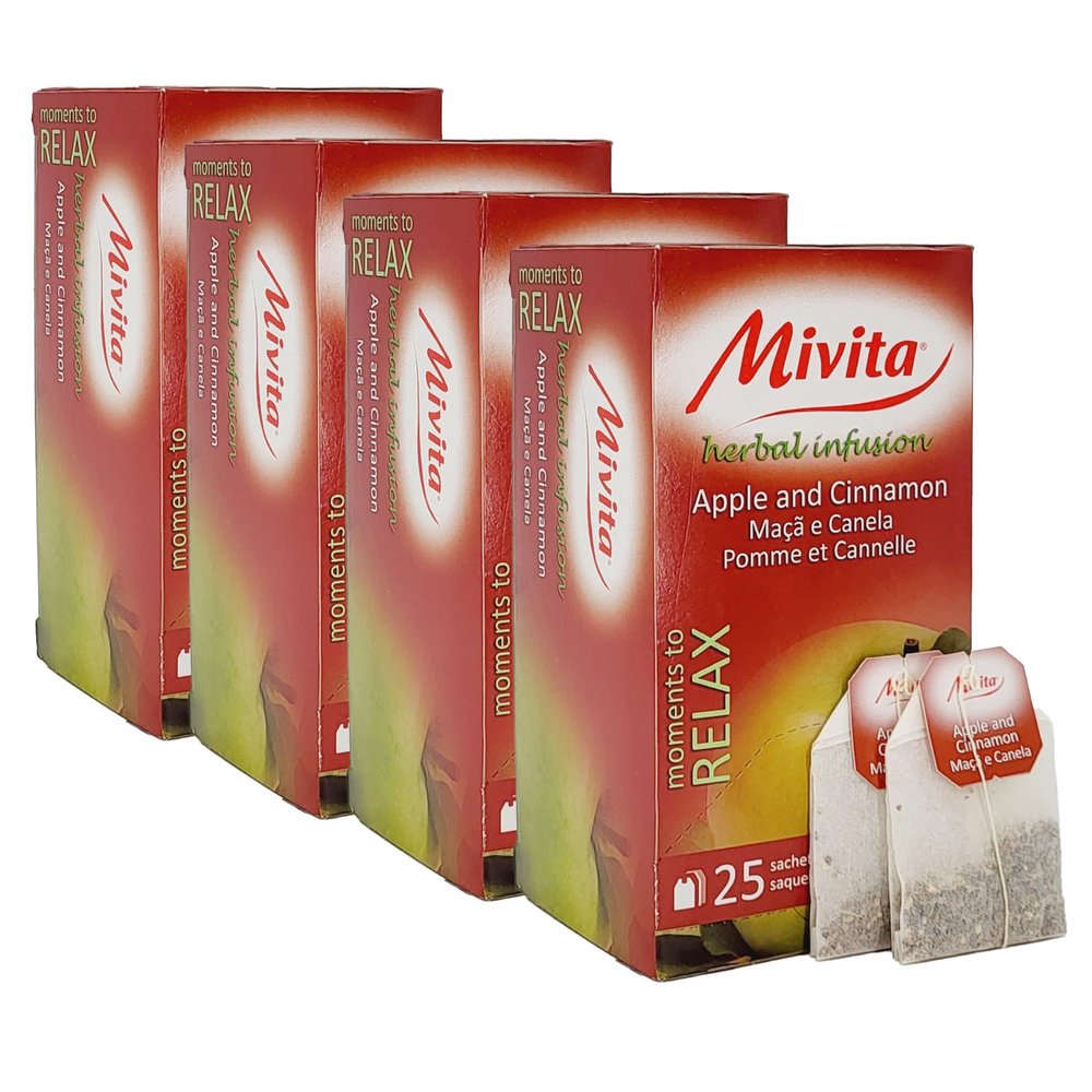 Mivita Apple and Cinnamon Infusion, pack of 4, total of 100 tea bags (25 each unit)  Perfect for relaxation and a healthy lifestyle, naturally calorie-free (0 kcal)