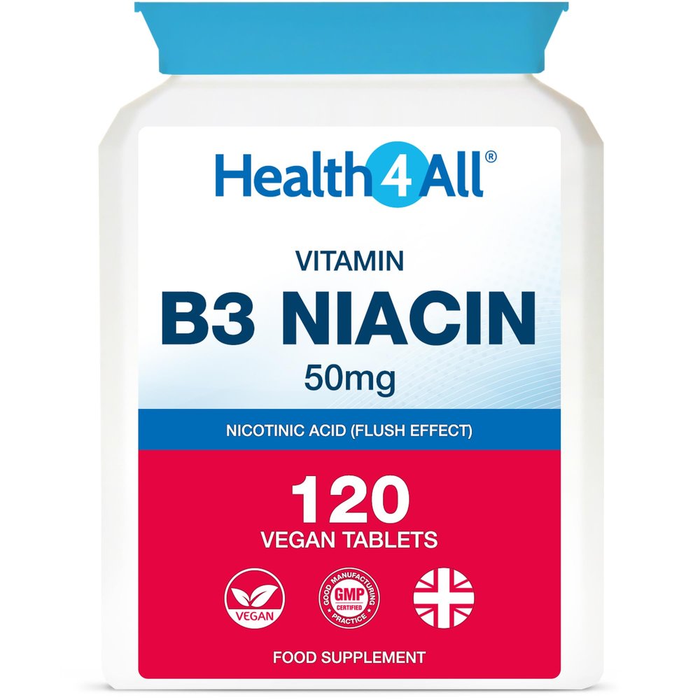 Health4All Vitamin B3 Niacin as Nicotinic Acid (Flush Effect) 50mg 120 Tablets 4 Months Supply, Vegan VitB3 Supplement, Cholesterol Support Supplement, Reduce Tiredness and Fatigue | Made in UK