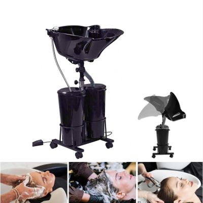 Portable Shampoo Bowl with Deep Sink & Salon Sink - Mobile Shampoo Basin for Self Washing, Adjustable Height Hair Washing Sink for Salon Beauty Spa, with Pump & Foot Pedal & Brakes