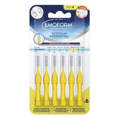Emoform Interdental Brush Yellow 6 Pcs with SoftCare Technology for Extra Gentle Contact on The Gums Thanks to Soft Bristles - Non-Slip Handle with Hood for Oral Hygiene