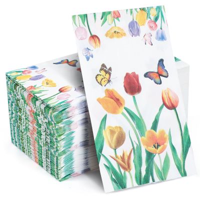 100 Pack Tulip Floral Guest Hand Towels Disposable for Bathroom, Floral Paper Napkins Decorative Spring Flowers Napkins for Bathroom Toilet Powder Room Holiday Wedding Bridal Shower (Inches, 7.8*4.3)
