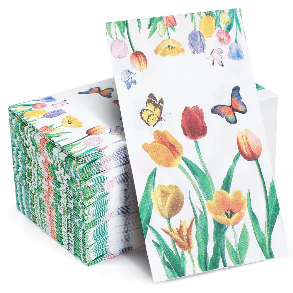 100 Pack Tulip Floral Guest Hand Towels Disposable for Bathroom, Floral Paper Napkins Decorative Spring Flowers Napkins for Bathroom Toilet Powder Room Holiday Wedding Bridal Shower (Inches, 7.8*4.3)