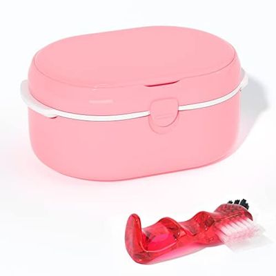 Denture Bath Box and Denture Brush Denture&Retainer Set, Denture Case with Mirror (Pink)
