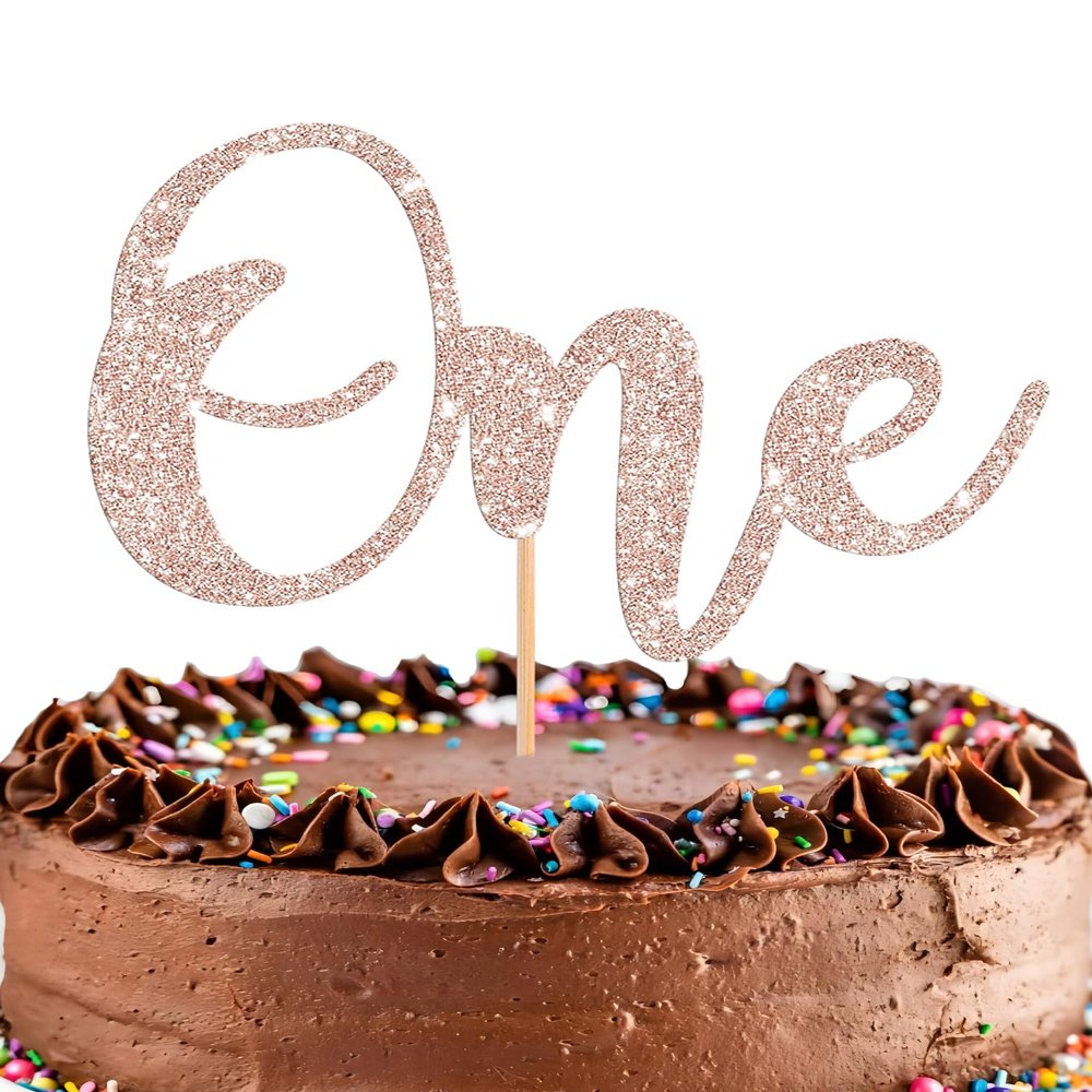 First Birthday Cake Topper - Glitter Rose Gold 1st Birthday Cake Decorations, One Year Old Cake Smash Decor, One Sign Cake Top Photo Booth Props (Rose Gold)