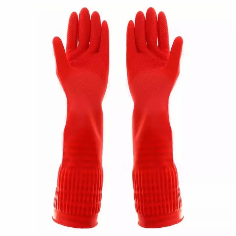 3 Pair Heavy Duty Rubber Gloves with Extra Long Cuffs, Durable Kitchen Gloves with Non-slip Grip, Resistant to Elbow Scratches, Non-slip Corrosion Resistant, Suitable for Housework Cleaning (Red, L)