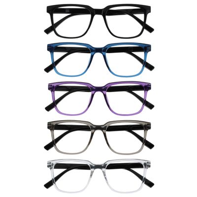 OPULIZE LEO Reading Glasses - 5 -Pack - Large Rectangular Frame - Black, Blue, Purple, Grey, Clear - Mens Womens - Spring Hinges - RRRRR55-1357C - +2.50