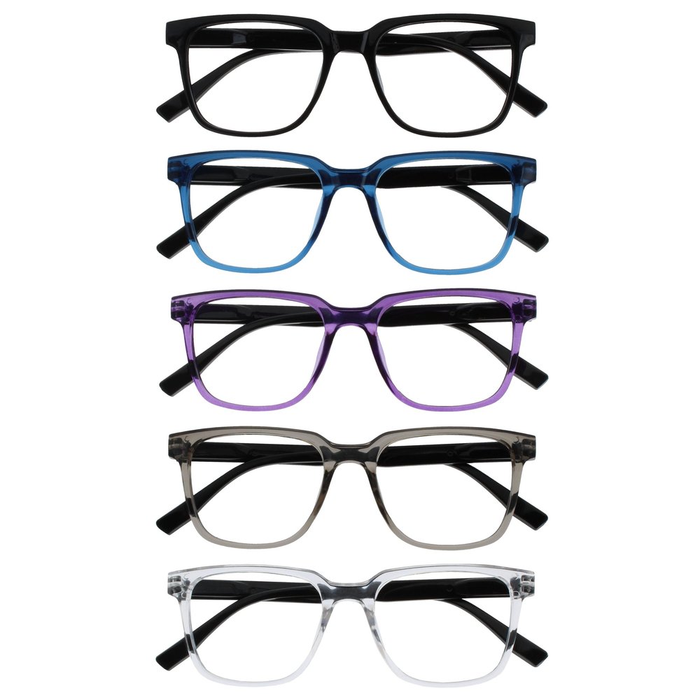 OPULIZE LEO Reading Glasses - 5 -Pack - Large Rectangular Frame - Black, Blue, Purple, Grey, Clear - Mens Womens - Spring Hinges - RRRRR55-1357C - +2.50
